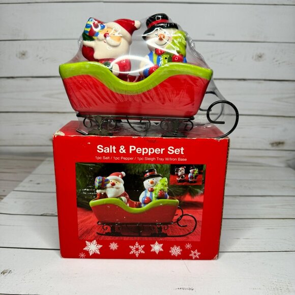 Santa & Snowman Salt & Pepper Shaker Set In Sleigh Christmas Decor NOS Sealed - Picture 1 of 10
